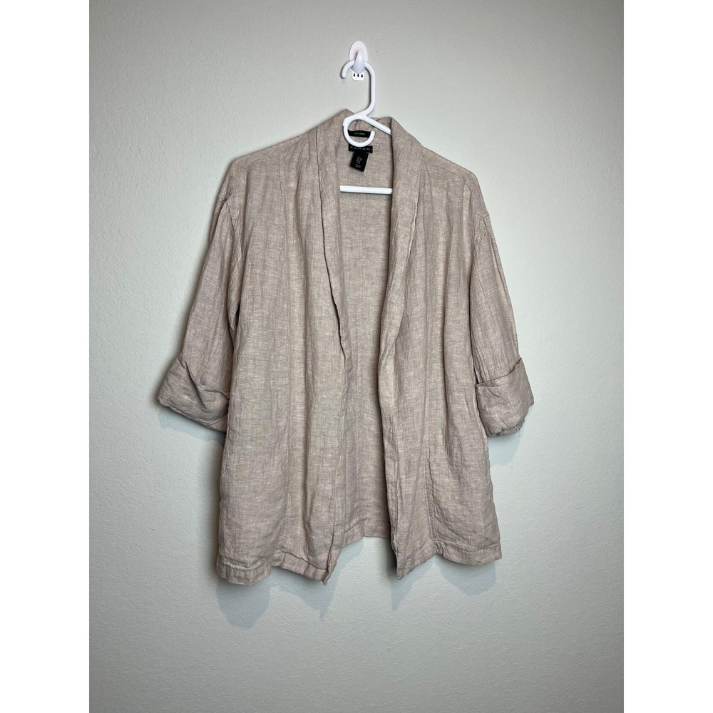 Tahari Blazer Womens S Beige 100% Linen Open Front 3/4 Sleeve Lightweight Jacket
